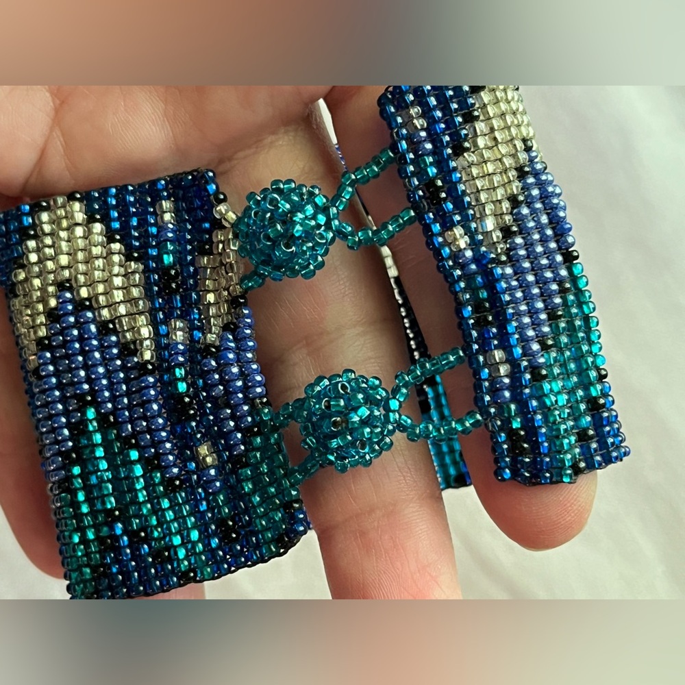 Two Vintage Beaded Bracelets Western Blue Cuff and Rainbow Clasp